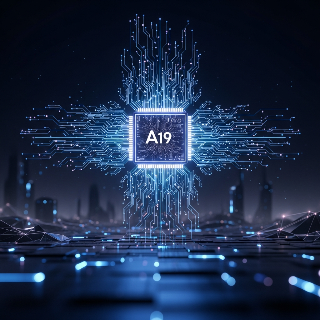 An abstract illustration representing the A19 Pro chip, with glowing lines and circuits radiating energy. The background is a dark, futuristic landscape with subtle light effects. Style: clean infographic, modern layout, high contrast. No text.