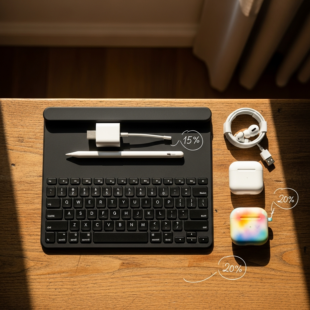 Various iPad accessories like an Apple Pencil, Magic Keyboard, and a charging adapter arranged neatly, with subtle indications of discount prices. Style: lifestyle photography, warm lighting, natural setting, colored background, no text.