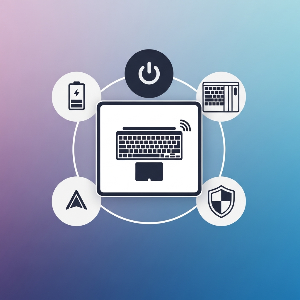 A stylized infographic showing various icons representing key features of iPad keyboards: a battery for power, a keyboard icon for typing, a trackpad icon for navigation, and a protective shield for case. All are arranged around a central iPad outline, with a modern, high-contrast color scheme on a gradient background. No text.