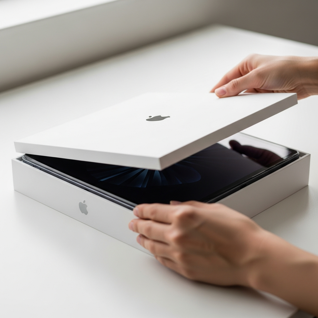 A sleek iPad Pro M5 being unboxed on a clean white desk with soft natural lighting, showing the premium tablet design and packaging, lifestyle photography style, no text
