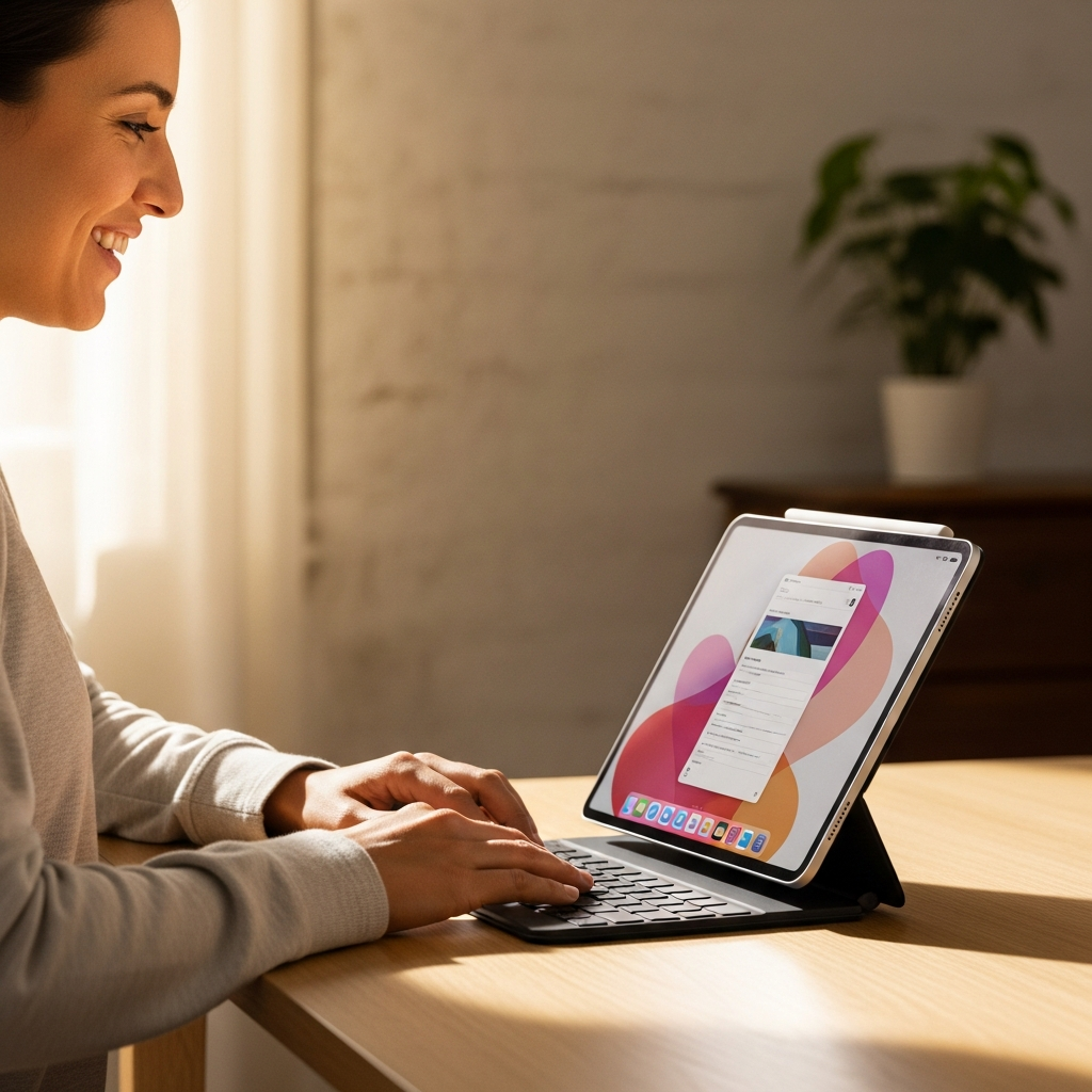 A person happily using a sleek, modern iPad Pro with a Magic Keyboard in a bright, minimalist work setting. Emphasize the device's portability and the user's focus. Style: lifestyle photography, warm lighting, natural setting, textured background. No text.