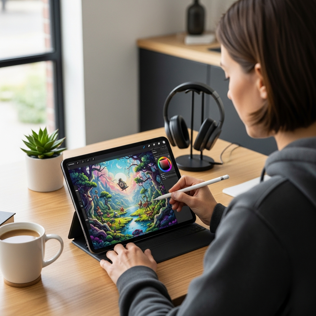 A person using iPad Pro M5 for creative work at a modern workspace, showing productivity apps and Apple Pencil in use, natural lighting, lifestyle photography style, no text