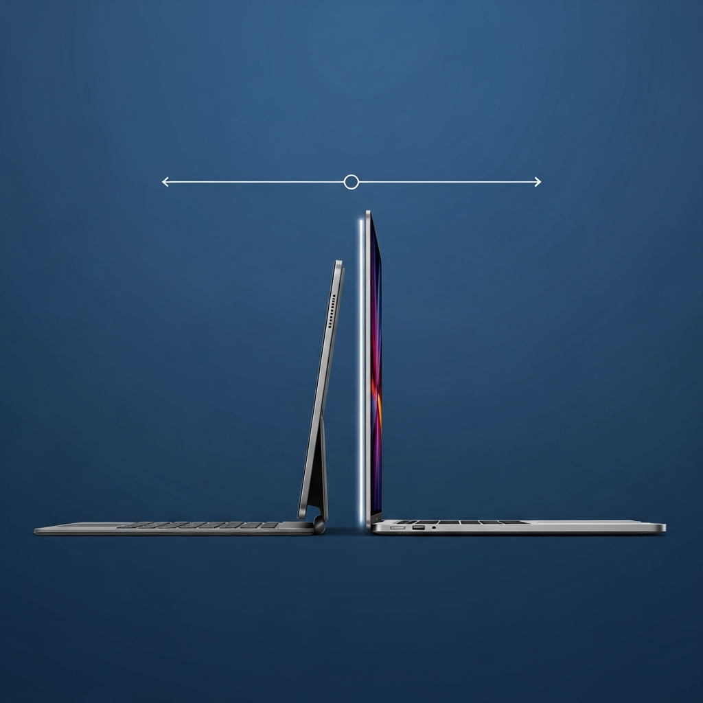 Clean infographic comparing the slimness and portability of an iPad Pro with Magic Keyboard next to a MacBook Air. Emphasize the sleek design, with a modern layout and high contrast. No visible text, colored background, centered focus.