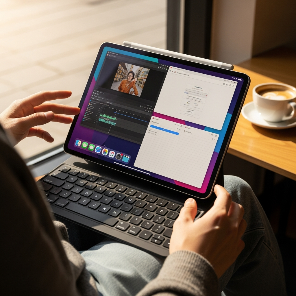 Lifestyle photography of a person using an iPad Pro with a Magic Keyboard, demonstrating multitasking with several app windows open on the screen. Focus on the user's natural interaction and the vibrant display. Warm lighting, natural setting, centered focus, no visible text.