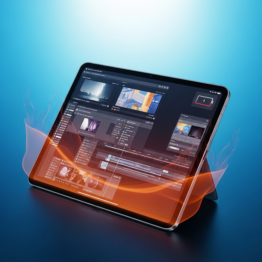 A visual representation of an iPad Pro running an intensive task, with subtle visual cues (e.g., a faint glow or stylized heatwaves) suggesting warmth or reduced battery life. Focus on the device's performance under strain. Style: modern illustration, tech-focused, gradient background, bright lighting. No text.