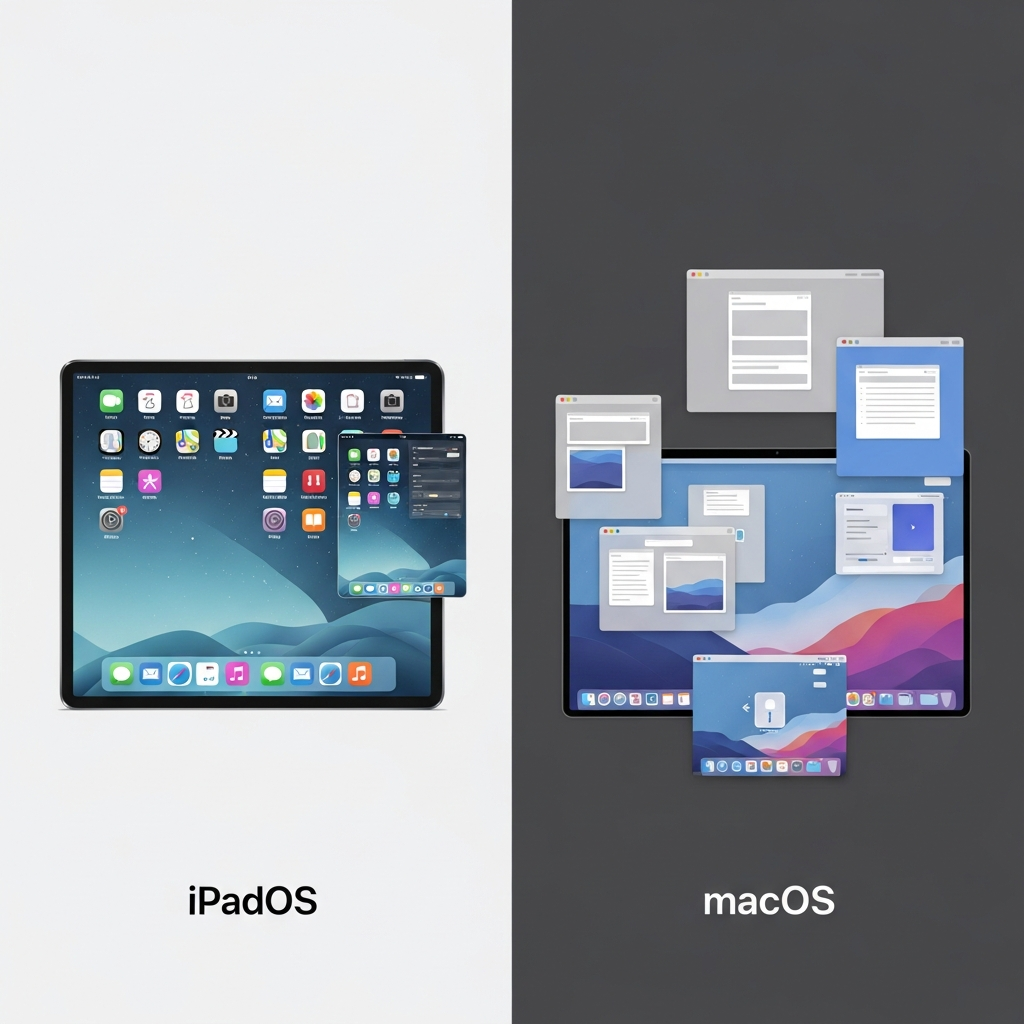 An infographic illustrating the differences in multitasking capabilities between iPadOS and macOS. Show multiple app windows on both, with subtle visual cues indicating macOS's broader functionality. Style: clean infographic, modern layout, high contrast, colored background. No text.