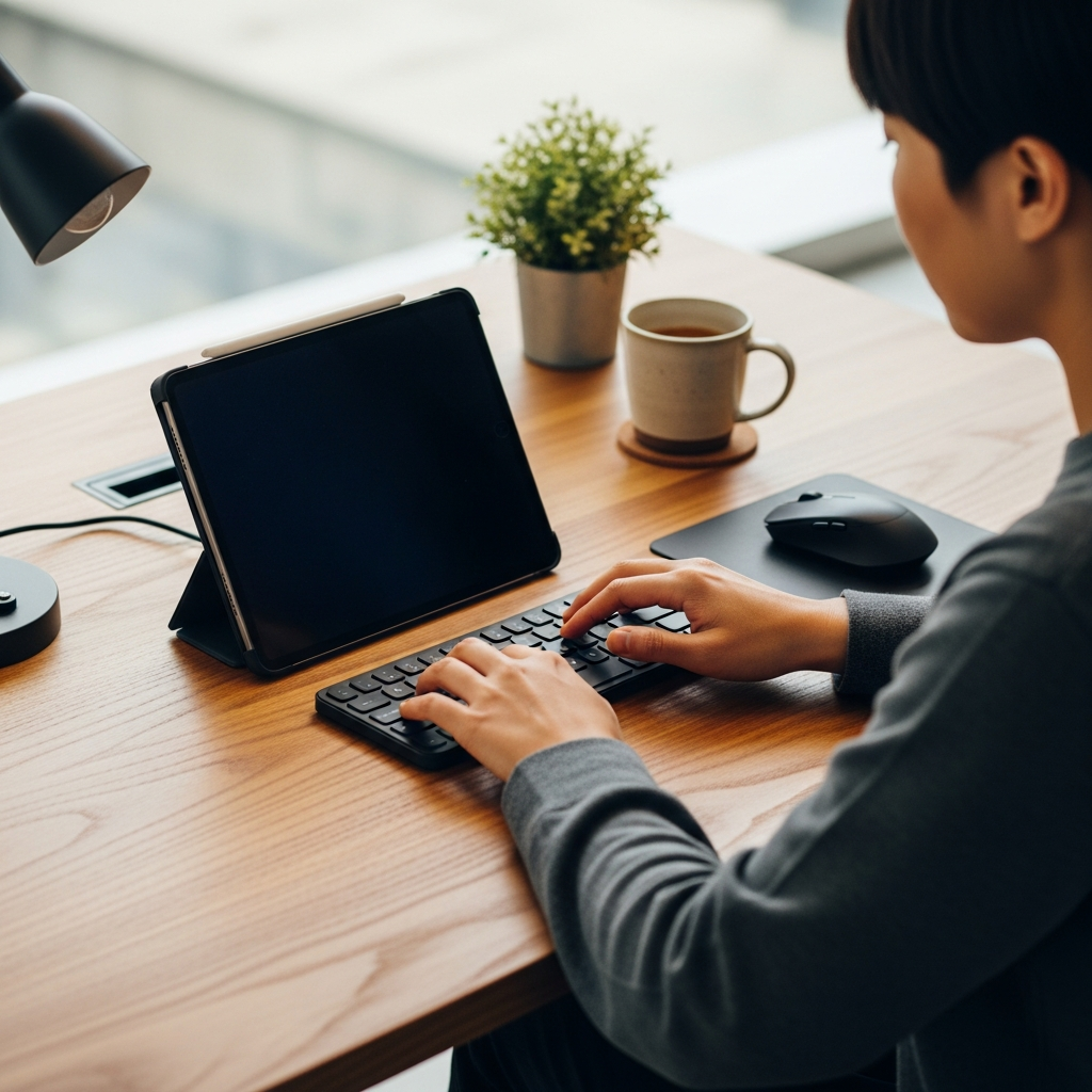 An iPad connected to a physical keyboard and a Bluetooth mouse, set up as a compact workstation. A Korean person is typing or navigating with the mouse, demonstrating productivity. The background is a modern office or home desk. No text. Style: lifestyle photography.
