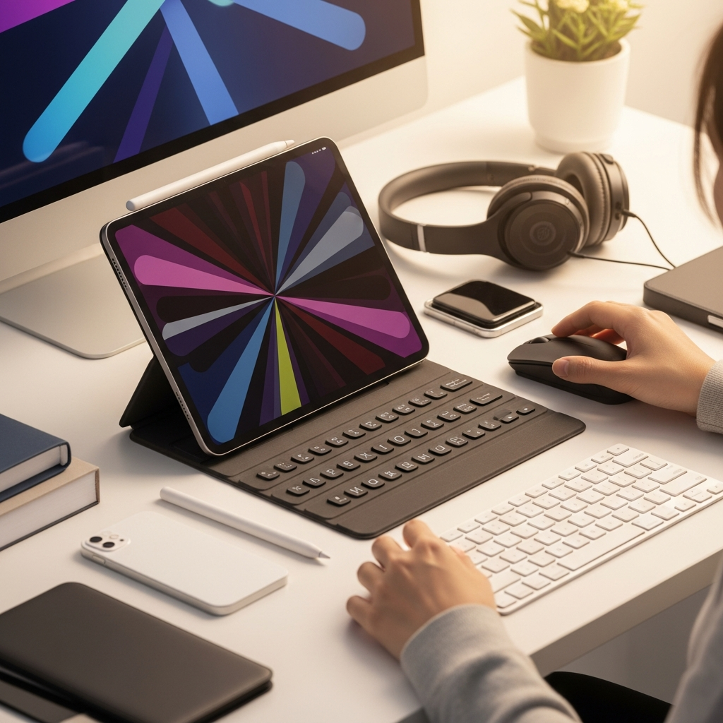 A modern iPad surrounded by various digital accessories like a stylus, mouse, keyboard, and headphones, all arranged on a clean, light-colored desk. The scene should be vibrant and inviting, with a soft, warm lighting. Korean person's hands might be subtly interacting with one of the accessories. No text. Style: lifestyle photography.