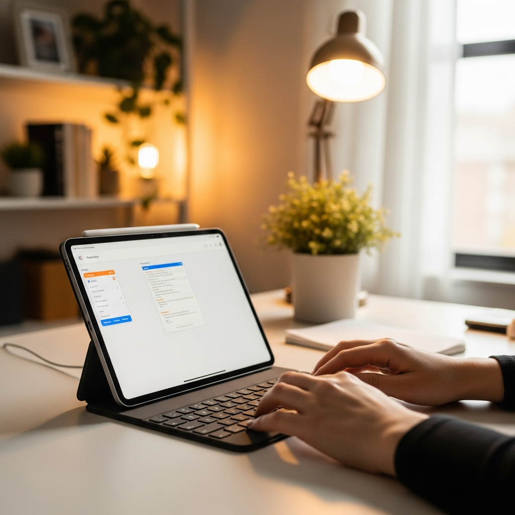 A modern setup of an iPad connected to a keyboard, placed on a clean wooden desk. A person's hands are lightly resting on the keyboard, ready to type. The background shows a soft, blurred home office environment. Lifestyle photography, warm lighting, natural setting.
