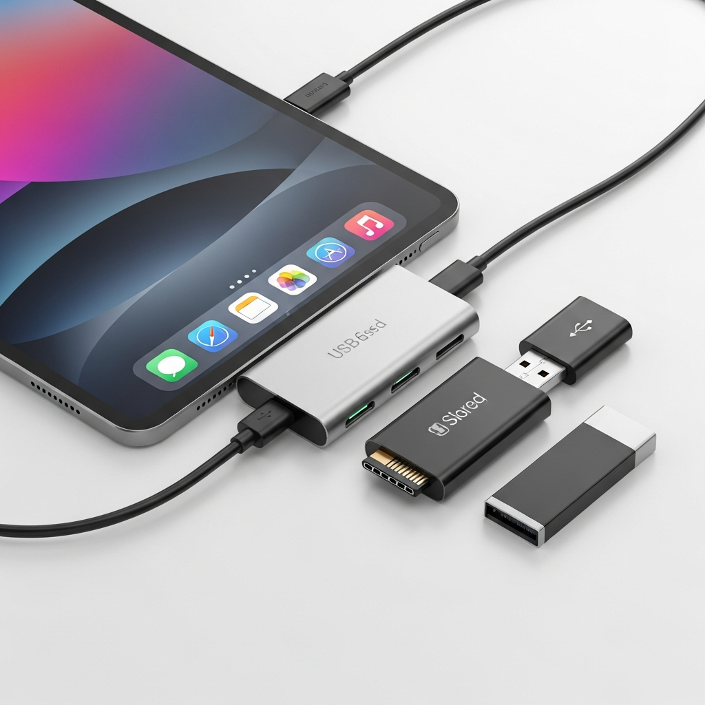 A sleek USB-C hub connected to an iPad, with various peripherals like an external SSD or a USB drive plugged into the hub. The image emphasizes connectivity and expanded storage options. Clean, modern aesthetic with a focus on the devices. No text. Style: clean infographic, modern layout.