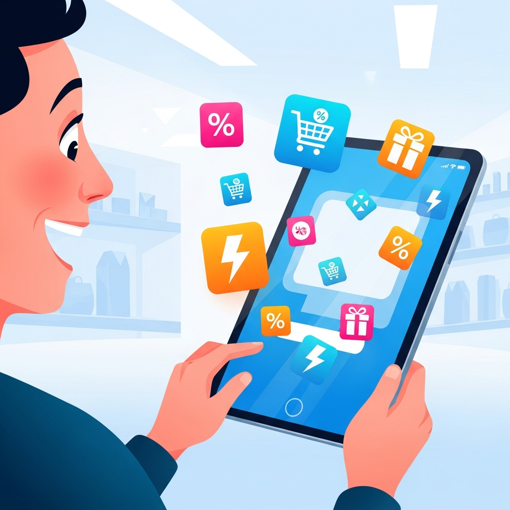 A person excitedly browsing a smartphone on a tablet, with various discount offer icons floating around them. The background is a modern, slightly abstract retail environment with soft, bright lighting. Style: clean infographic, high contrast. No text. No visible UI elements.