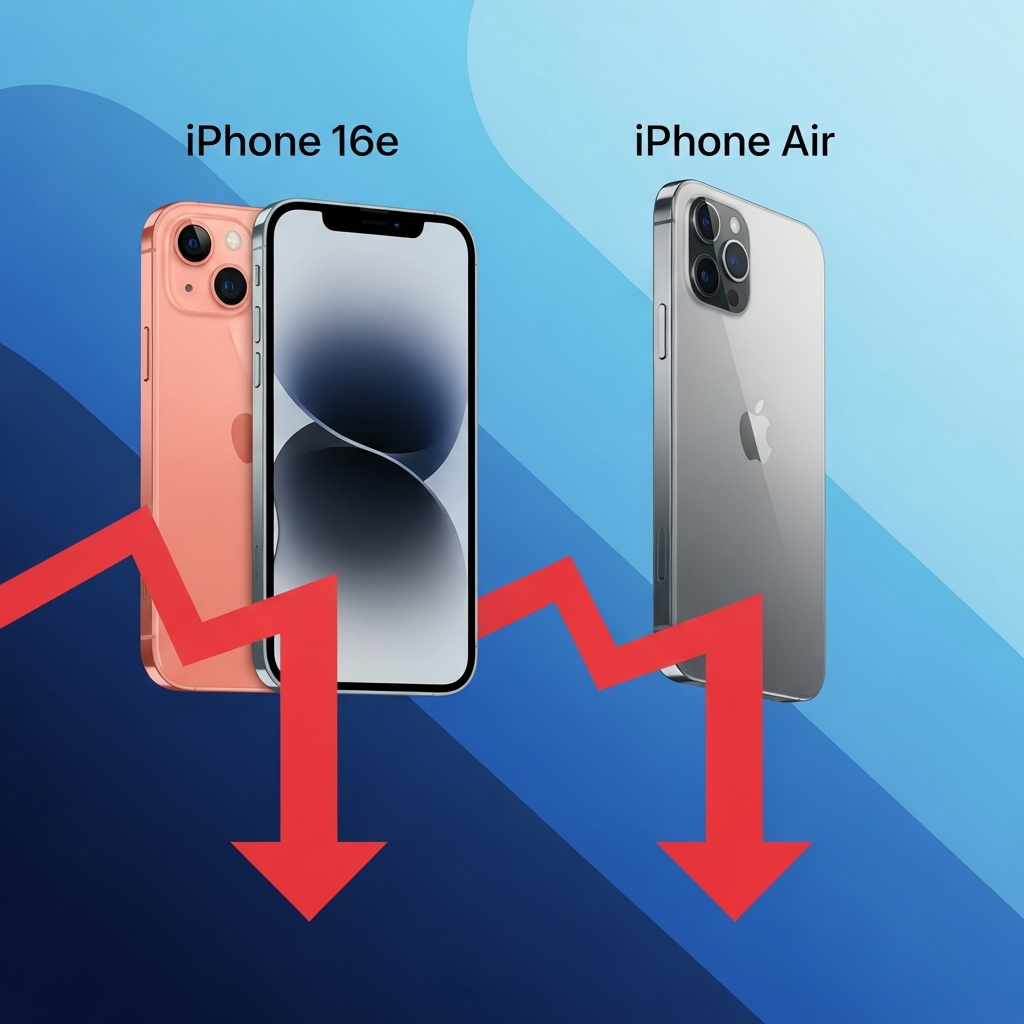 A stylized infographic showing two distinct iPhone models, labeled "iPhone 16e" and "iPhone Air," with downward trend arrows indicating poor sales. The background is a modern, gradient blue, suggesting a tech market. No visible text on devices. Korean appearance, natural expression.