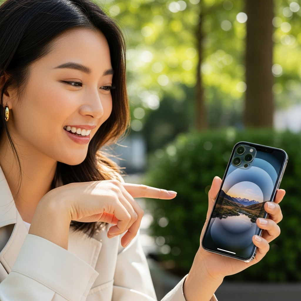 Lifestyle photography of a user happily interacting with an iPhone 17, showcasing its balanced features like camera and display. Natural lighting, vibrant colors, outdoor setting. No text. Korean appearance.