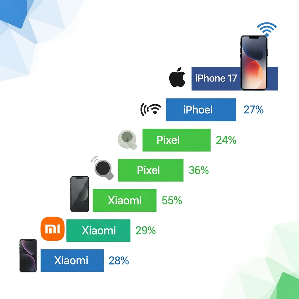 Stylized infographic showing a leader board or ranking of smartphones based on Wi-Fi performance. Icons representing different phone brands (Apple, Pixel, Xiaomi) are arranged by performance level, with iPhone 17 prominently placed near the top. Focus on clean lines and clear visual hierarchy. Background: subtle geometric pattern in blue and green. No visible text.