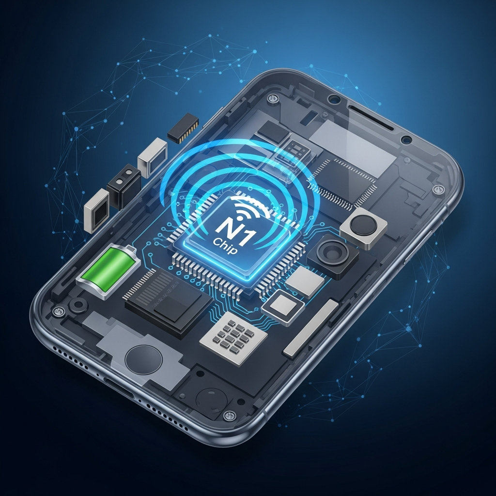 Clean infographic showing the internal structure of a stylized smartphone, highlighting a glowing "N1 chip" at its core. Wavy lines emanate from the chip, symbolizing strong Wi-Fi signals. The background is a modern, dark blue gradient with subtle geometric patterns. High contrast, no visible text.
