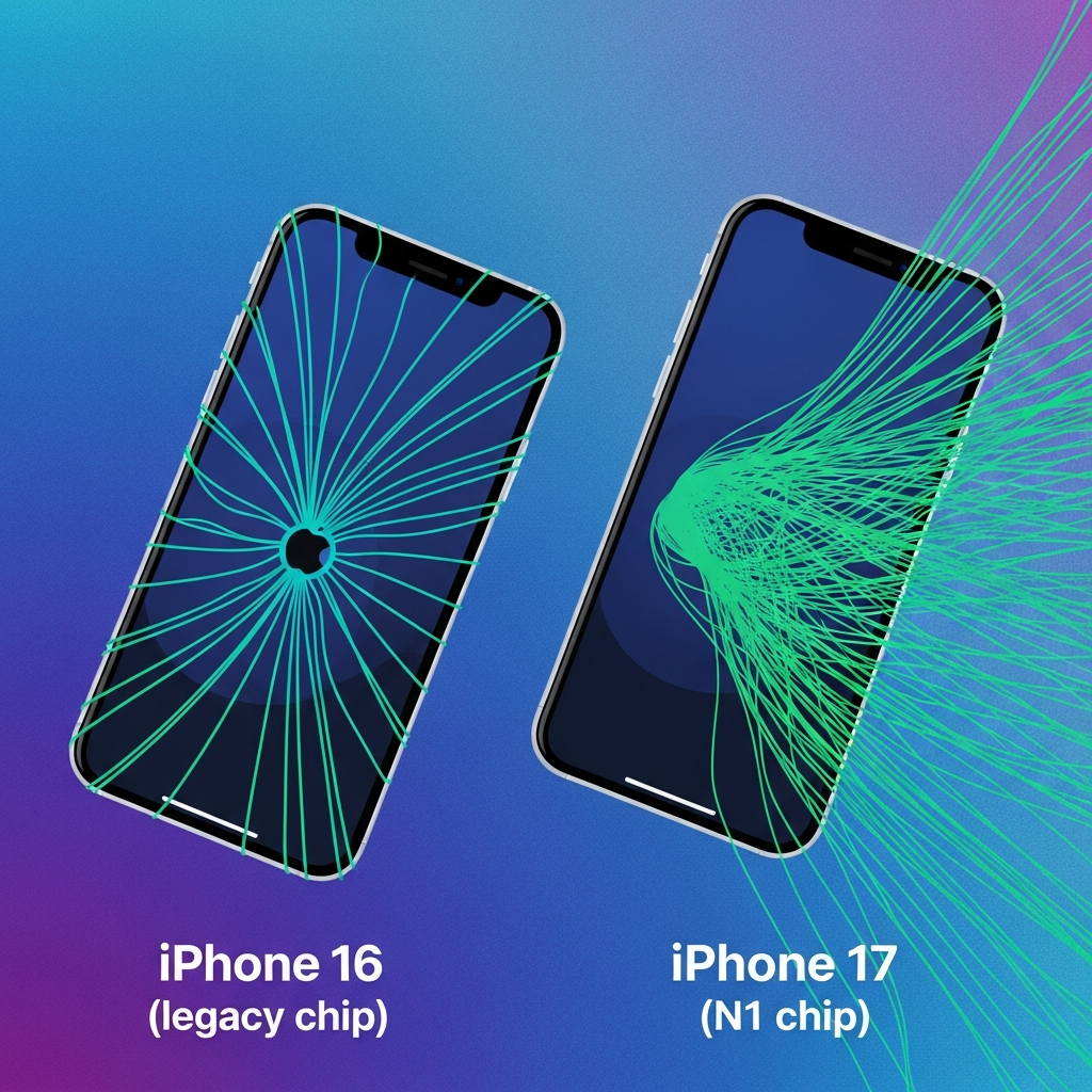 Abstract visualization of Wi-Fi signal strength and speed comparison. Two stylized smartphones, one labeled "iPhone 16 (legacy chip)" with weaker, slower signal lines, and another labeled "iPhone 17 (N1 chip)" with stronger, faster, more robust signal lines. Dynamic blue and green color scheme. Background: textured gradient of blue and purple. No visible text.