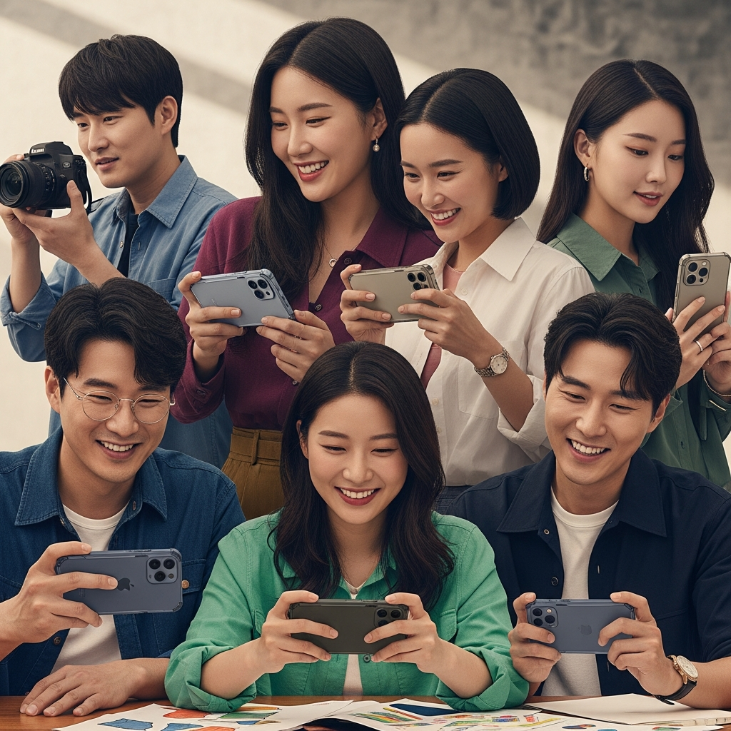 A diverse group of people (Korean appearance, natural expressions) engaging with their robust and premium-looking smartphones, representing the iPhone 18 Pro Max. They are using them for various activities like photography, gaming, and creative work, showcasing the phone's power and versatility. The scene is bright and dynamic, with a modern, textured background. No text. Style: lifestyle photography, warm lighting, natural setting, centered focus.
