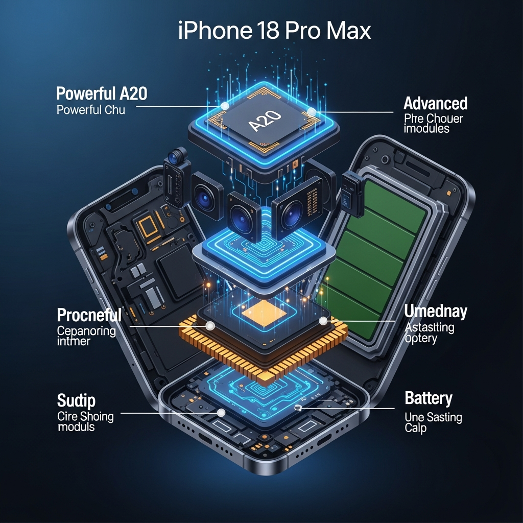An intricate infographic-style illustration showcasing the internal components of a powerful smartphone, representing the iPhone 18 Pro Max. Highlight a powerful A20 chip, advanced camera modules, and a large, long-lasting battery. Use modern design elements with vibrant circuitry patterns and glow effects. No text. Style: clean infographic, modern layout, high contrast. Colored background, centered focus.