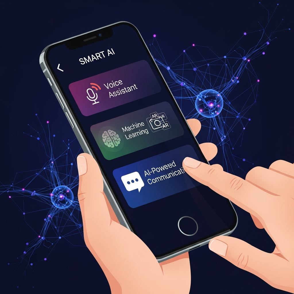 A vibrant infographic showing an iPhone screen displaying various smart AI features, with subtle neural network patterns in the background. A person's hand is interacting with the screen. Style: clean infographic, modern layout, high contrast. No visible text.