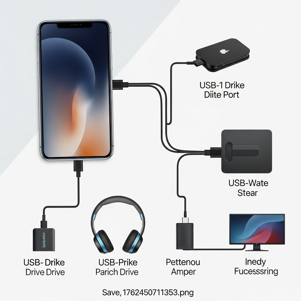 A clean infographic showing an iPhone connected to various accessories via its USB-C port, such as an external drive, headphones, and a monitor. The connections are clearly illustrated with minimal text, focusing on the versatility of the port. The background is bright and modern. No text in image.