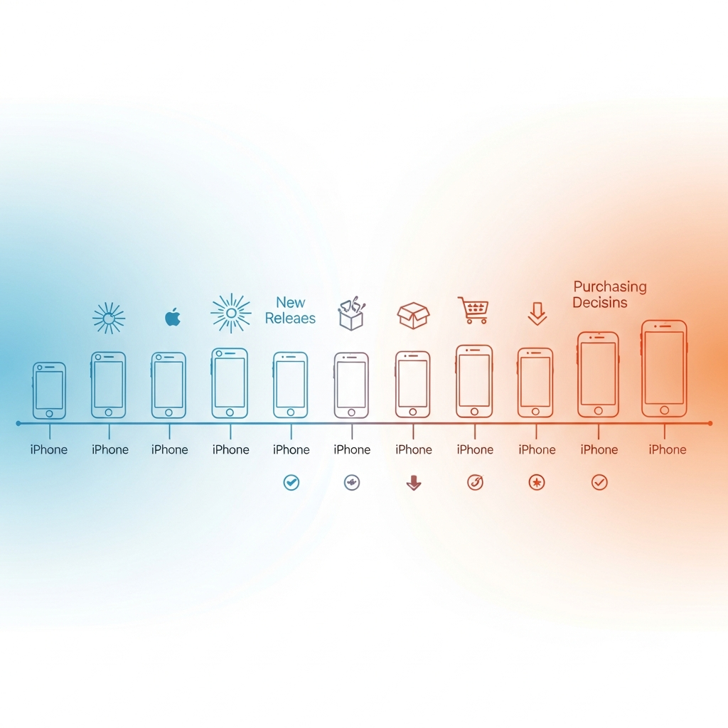 A modern infographic illustrating a timeline with various iPhone models and key purchasing events like sales and new releases. The visual should use a clean layout with bright, balanced lighting and a gradient background, subtly hinting at decision-making moments. No text.