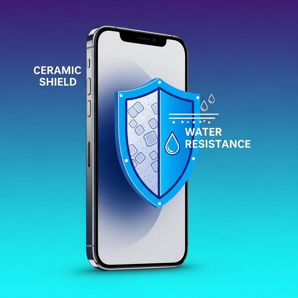 A stylized infographic showing an iPhone with a protective shield icon, illustrating durability features like ceramic shield and water resistance. Modern, clean lines, high contrast, gradient background. No text.