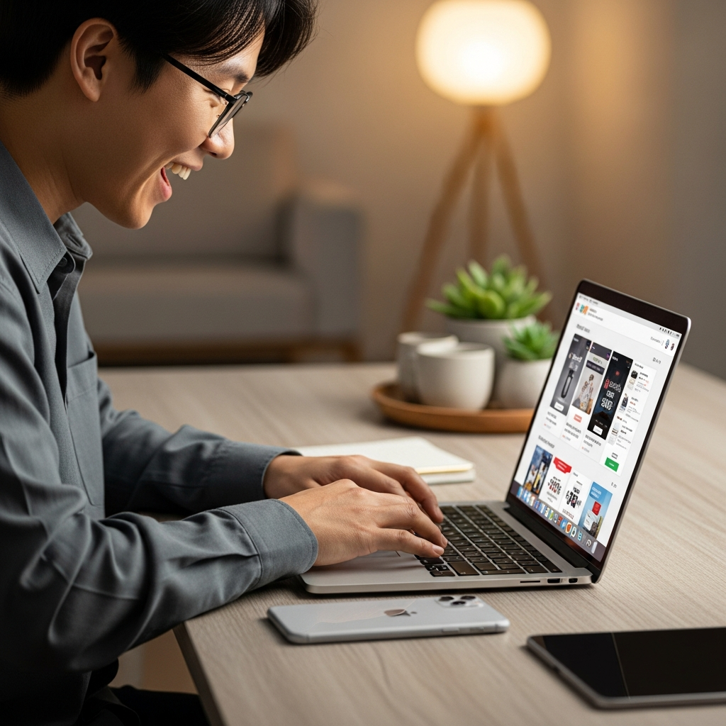 A sleek, modern lifestyle photograph featuring a person excitedly browsing deals on a MacBook Pro, with an iPhone and iPad subtly placed nearby on a textured wooden desk. The background has a soft, warm glow, indicating a cozy shopping environment. No visible text. Korean appearance person.