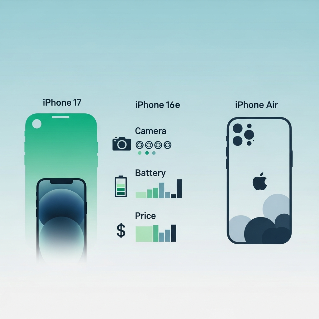 A clean, modern infographic comparing different iPhone models (e.g., iPhone 17, 16e, Air), highlighting key features like camera, battery, and price points. The background should be a subtle gradient with smooth transitions, and overall lighting should be bright and balanced. No text.