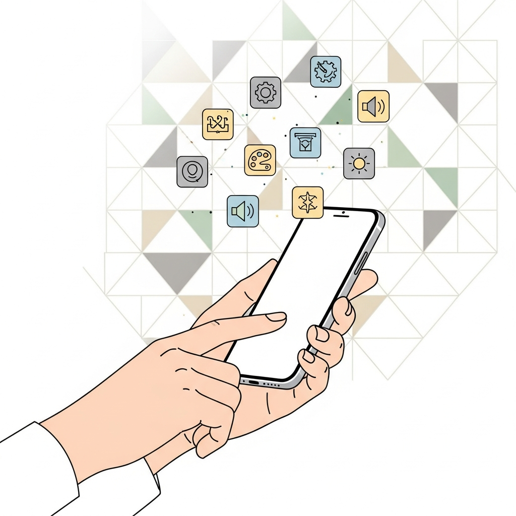 A minimalist illustration of a Korean person's hand interacting with an iPhone, with various customizable settings represented by abstract icons around the phone, suggesting user control and personalization. The background is a subtle, geometric pattern in soft colors. No visible text on the phone screen.