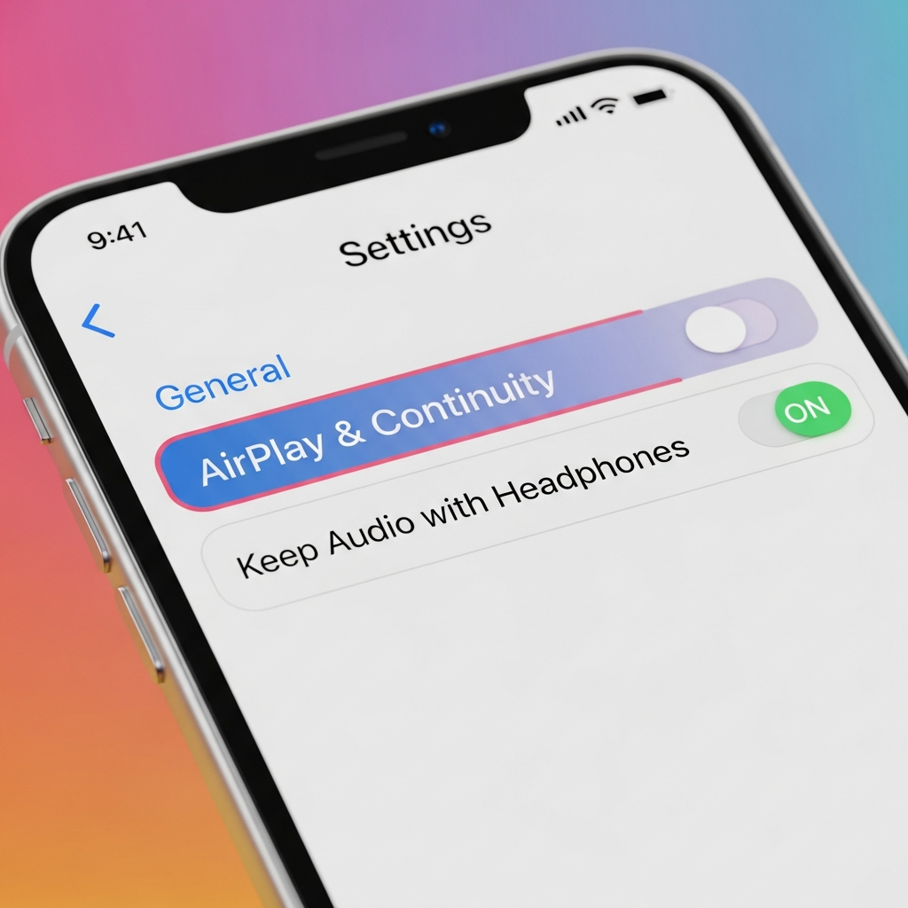 A close-up of an iPhone screen showing the "Settings" app, navigating through "General" to "AirPlay & Continuity", with a toggle switch clearly indicating "Keep Audio with Headphones" in an 'ON' position. Style: clean infographic, modern layout, high contrast, colored background, no text.