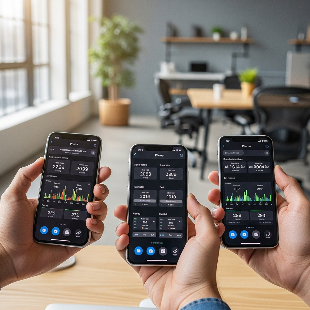 Lifestyle photography of hands holding multiple iPhone models side by side running performance benchmarks on screen, modern office environment with natural lighting, showing speed comparison tests, no text