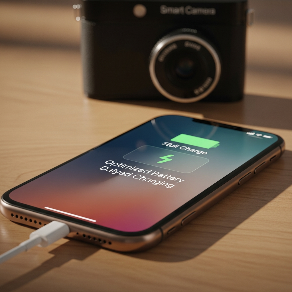 An iPhone plugged into a charger, with a visual representation of "Optimized Battery Charging" on its screen, indicating delayed full charge. In the background, a camera lens is subtly visible, hinting at smart camera features. The overall scene has a warm, natural lighting. Style: lifestyle photography, warm lighting, natural setting. No text.
