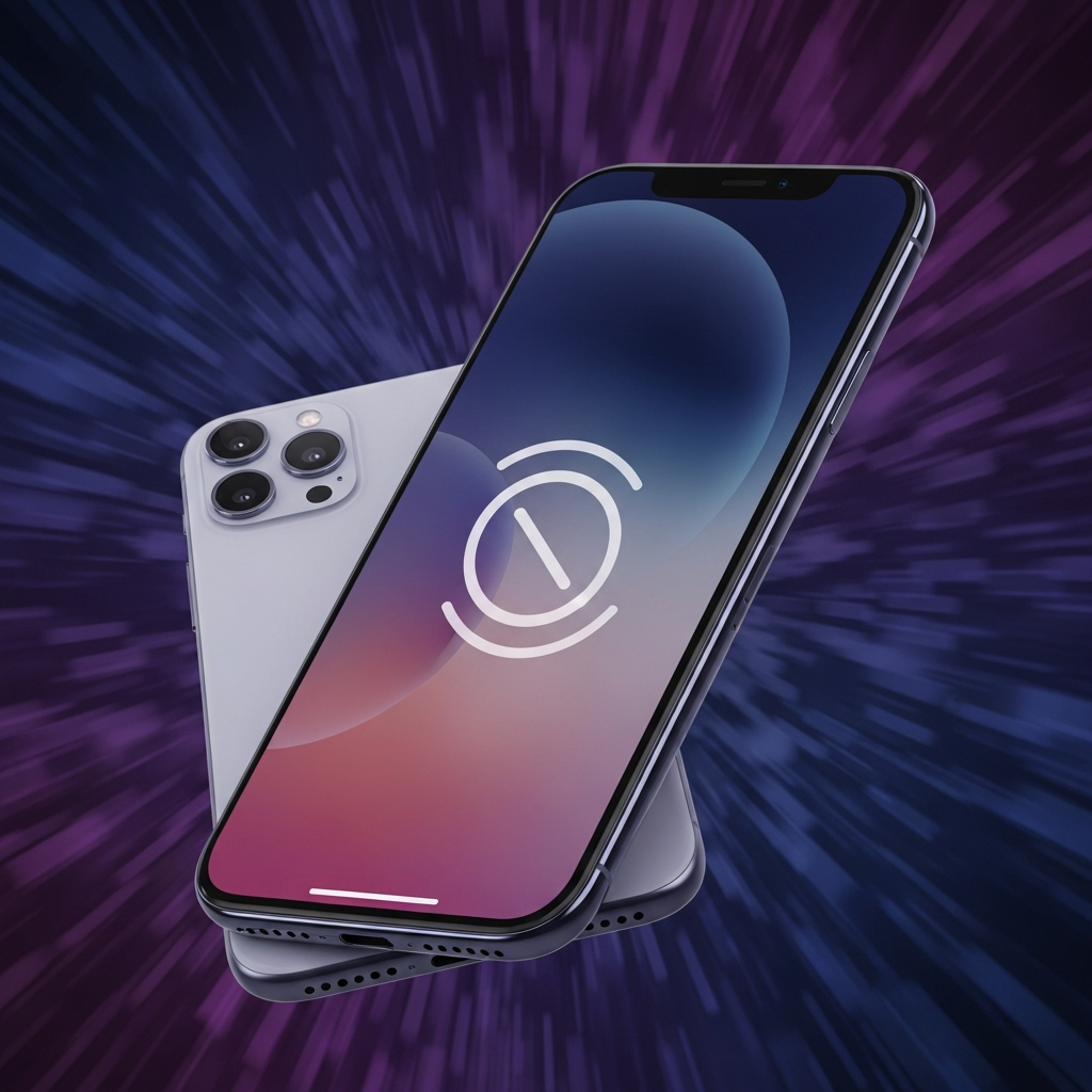A futuristic, sleek smartphone (representing iPhone Air) with a subtle delay symbol (like a paused clock or a stop sign icon) overlaid on it. The background is a dynamic, abstract pattern in deep purples and blues, suggesting a halt or re-evaluation in a technological timeline. No text.