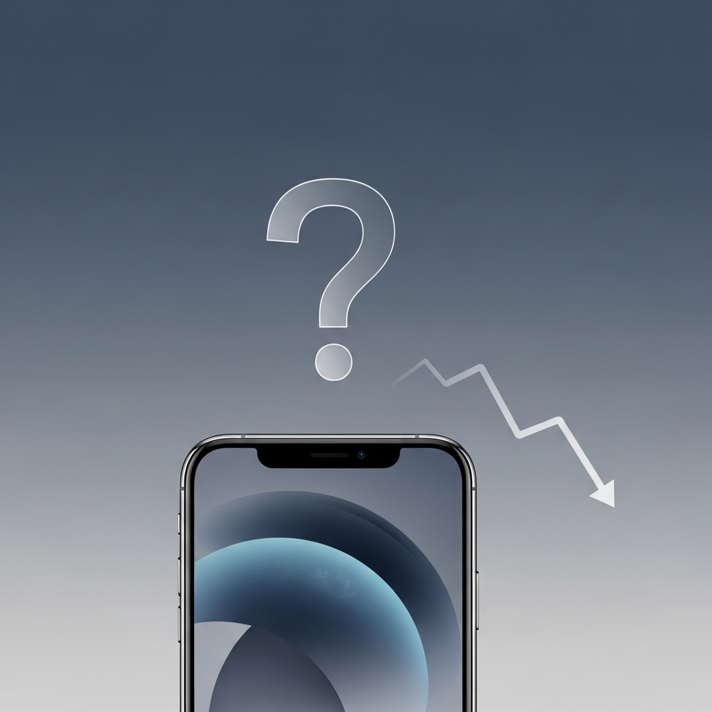 An illustrative infographic showing a subtle question mark over a sleek, modern smartphone (representing iPhone Air) with a slightly downward trend arrow. The background is a gradient of muted tech-blue and soft grey, emphasizing innovation and challenges. No text.