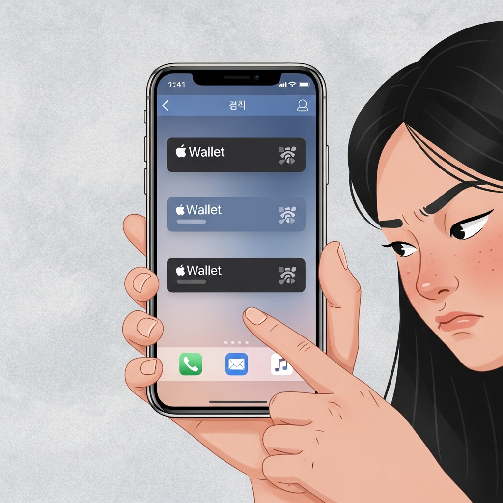 A digital illustration of an iPhone displaying the Apple Wallet app, with subtle, non-intrusive ad banners appearing within the interface, causing a slightly annoyed facial expression on a Korean user's hand holding the phone. The background is a soft, textured grey. No visible text on the phone screen.