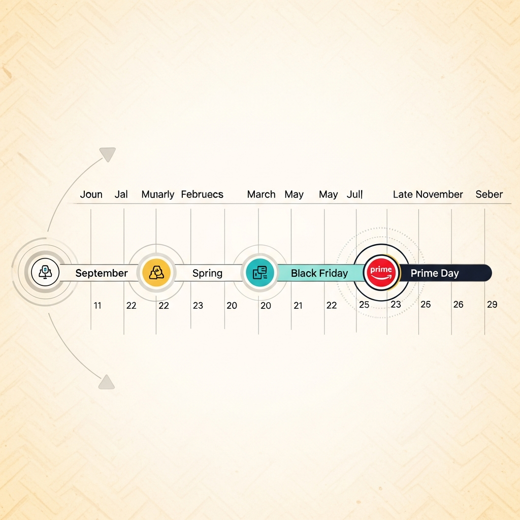 An elegant, clean infographic depicting a calendar year, highlighting typical iPhone release months (September, Spring) and sale periods (Black Friday, Prime Day). Use a modern design with subtle animations and a warm, textured background. No text.