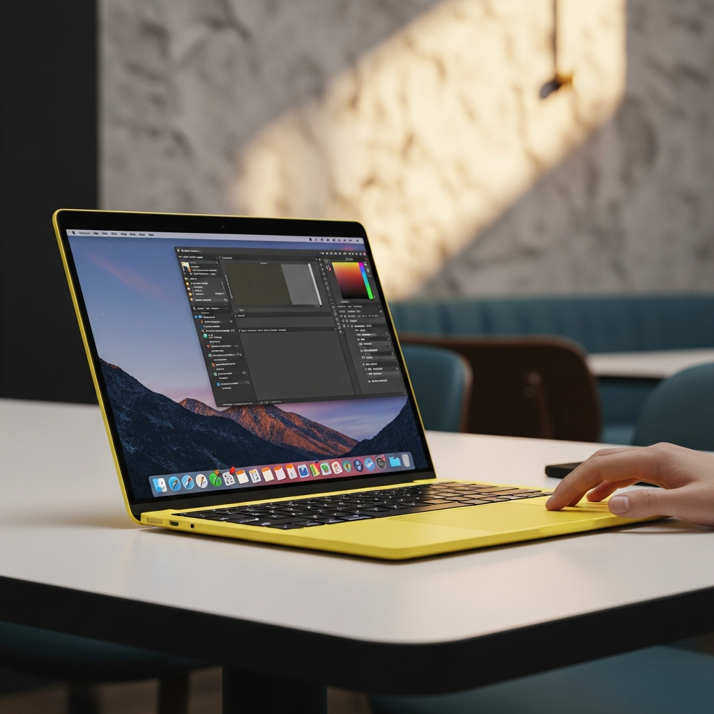 A vibrant yellow, slim MacBook, powered by an iPhone chip, open on a modern desk in a well-lit cafe. The screen shows a creative design application, and the user's hand is subtly visible on the trackpad. The background features a soft, textured wall with warm light filtering in. No text.