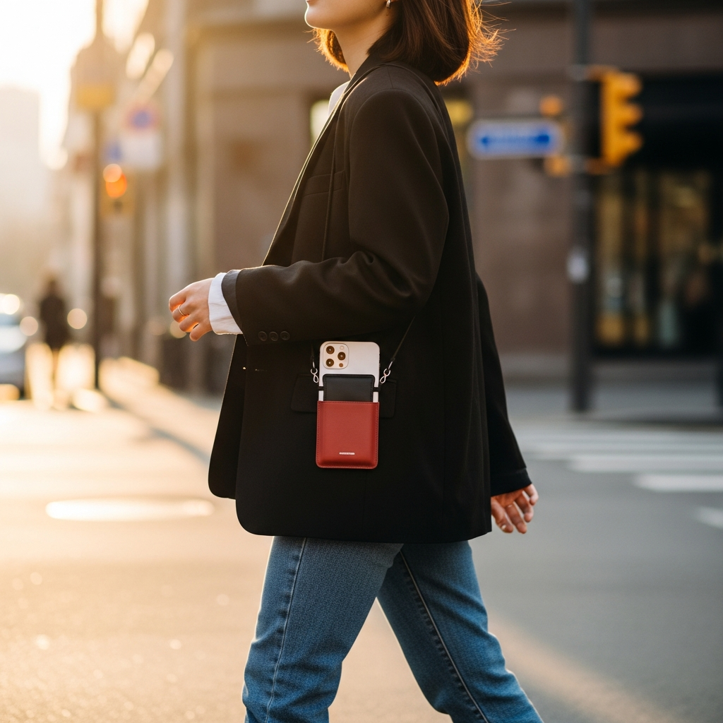 Lifestyle photography of a stylish Korean person walking on a city street, carrying an iPhone Pocket. Warm lighting, natural setting, showcasing the accessory as a fashion statement. No visible text. White or empty background is strictly prohibited. Always use a colored/gradient/textured background, minimizing empty space and filling the frame. Bright, balanced lighting.