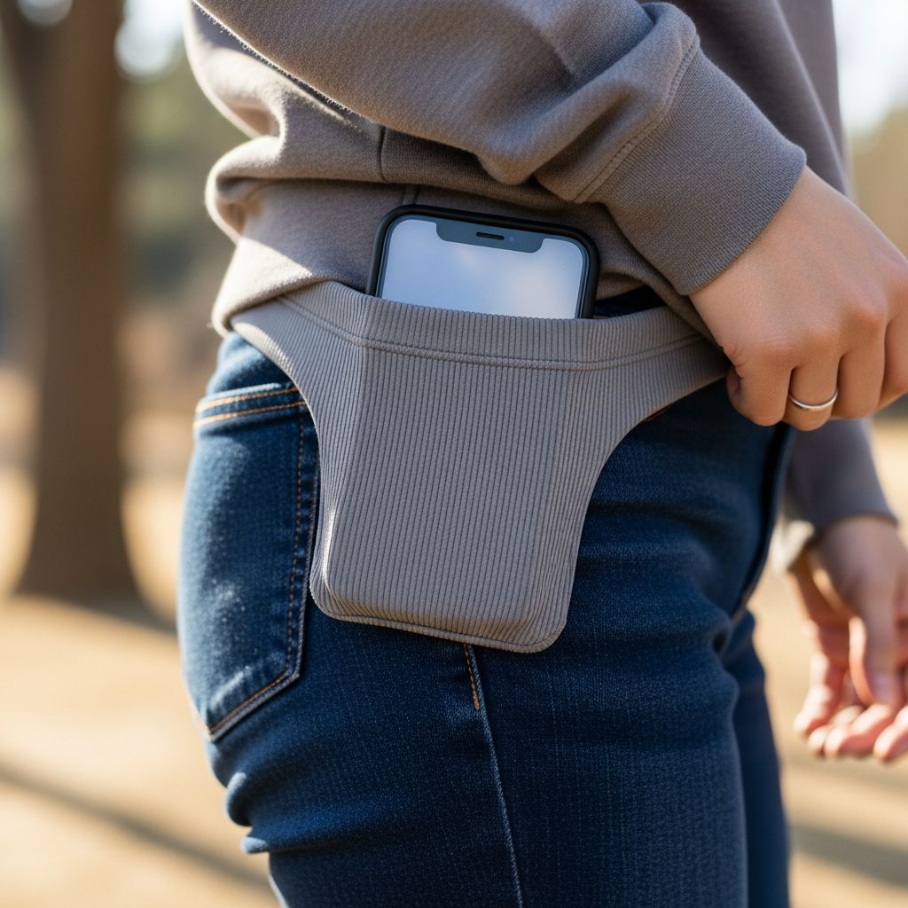 A close-up lifestyle photograph of a person wearing an iPhone Pocket with an iPhone inside. Focus on the ribbed, stretchable material and the subtle visibility of the iPhone screen. The person is walking casually outdoors, natural lighting, soft background. Korean appearance. No text.