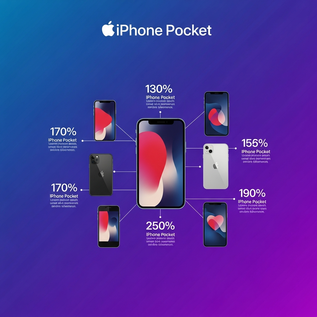 Clean infographic showing the popularity of Apple iPhone Pocket. Modern layout, high contrast, with stylish iPhone Pocket illustrations. No visible text. White or empty background is strictly prohibited. Always use a colored/gradient/textured background, minimizing empty space and filling the frame. Bright, balanced lighting.