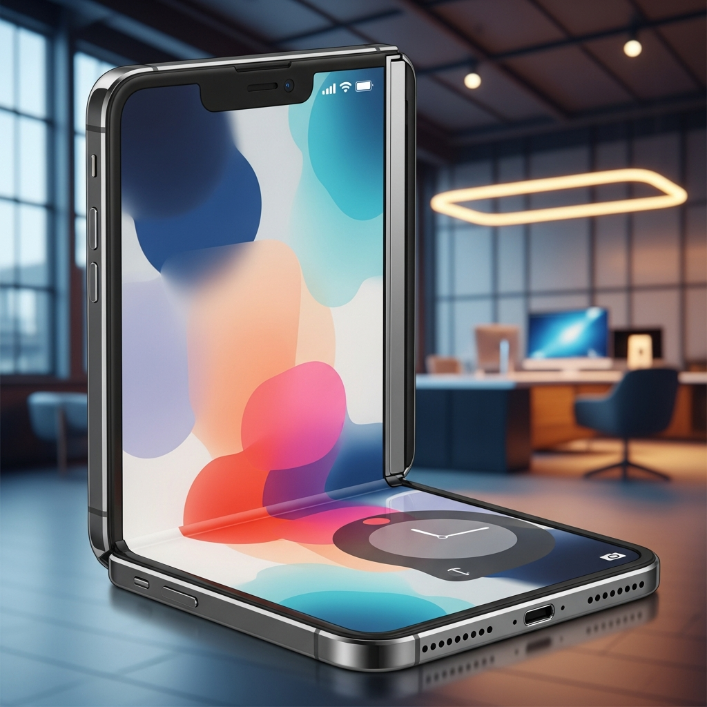 An elegant, book-style foldable iPhone in a vibrant, modern interior setting, emphasizing its sophisticated hinge design. The device is shown half-folded, revealing both its internal and external screens. The background is a blurred, high-tech office. No text, clean infographic style.