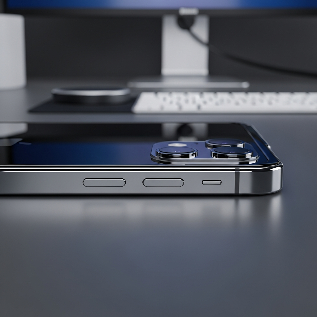 A close-up shot of a foldable iPhone's side button, subtly showing a Touch ID sensor integrated. In the background, a hint of a dual camera setup on the phone's back, set in a modern tech environment. Bright, balanced lighting. No text.