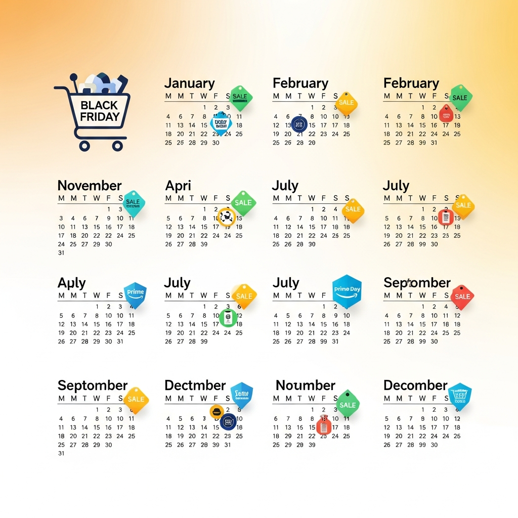 An inviting, modern infographic showing a yearly calendar with various dates marked for iPhone sales events, like Black Friday and Prime Day. Use a vibrant yet soft color palette, with illustrations of sale tags and shopping carts, set against a warm, gradient background. No text.