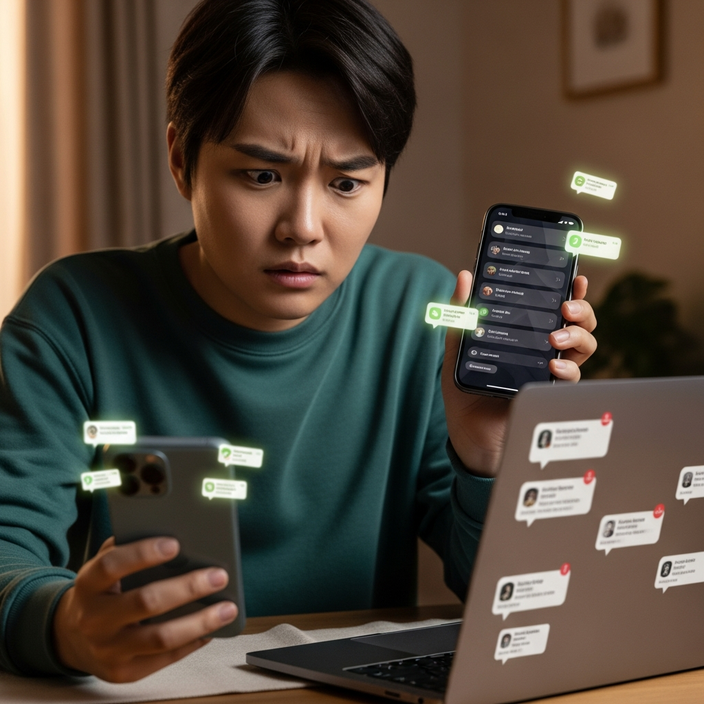 A person with Korean appearance looking concerned while simultaneously receiving multiple notifications on an iPhone and a MacBook. The notifications have a subtle suspicious glow, but the devices themselves are realistic and modern. Style: lifestyle photography, warm lighting, natural setting. No text.