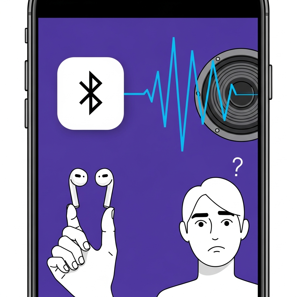 An iPhone screen showing a Bluetooth connection icon, with an audio waveform extending from it towards a nearby car speaker, and a person holding AirPods with a confused expression. Style: clean infographic, modern layout, high contrast, colored background, no text, Korean appearance.