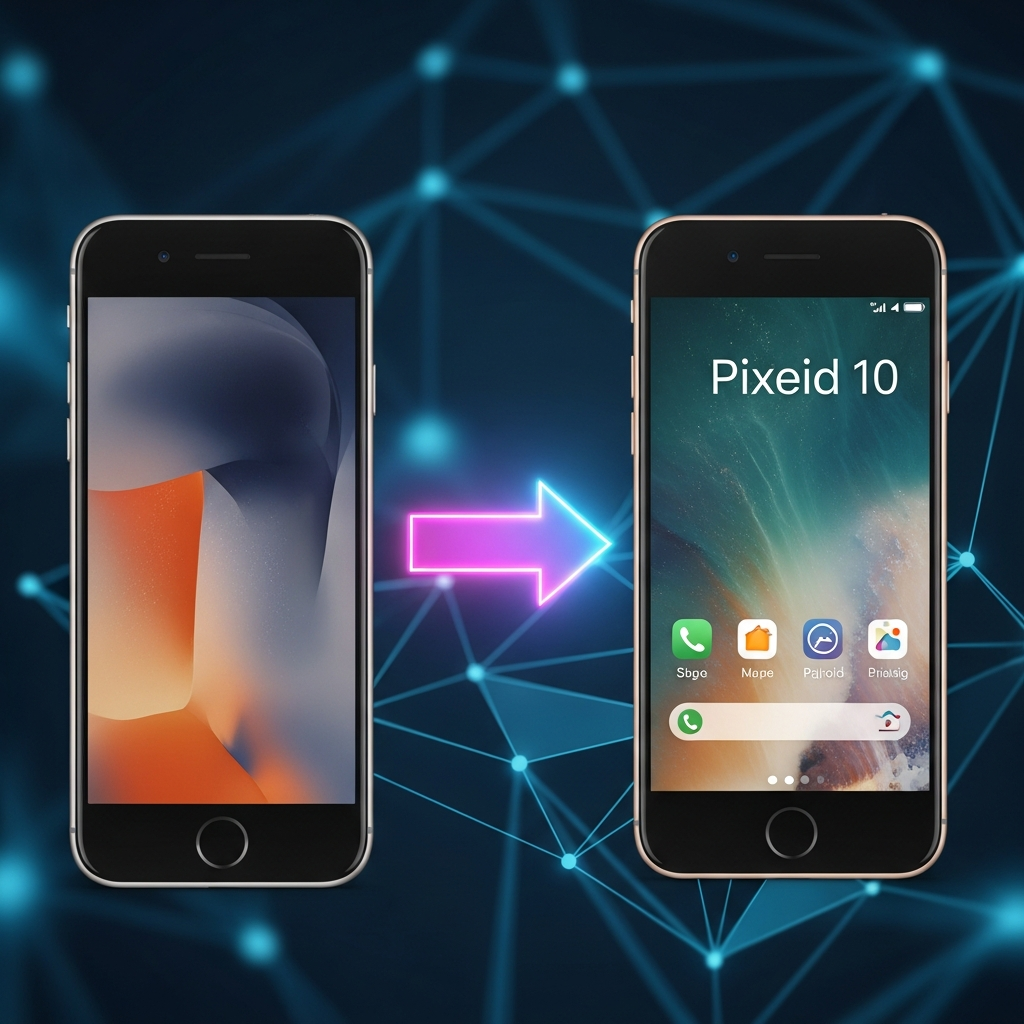 Two smartphones, one representing an iPhone and the other an Android (Pixel 10), positioned side-by-side with a vibrant, glowing arrow indicating seamless file transfer between them. The background is a modern, abstract digital network, suggesting connectivity. Style: clean infographic, modern layout, high contrast. No visible text in image. No Korean characters.