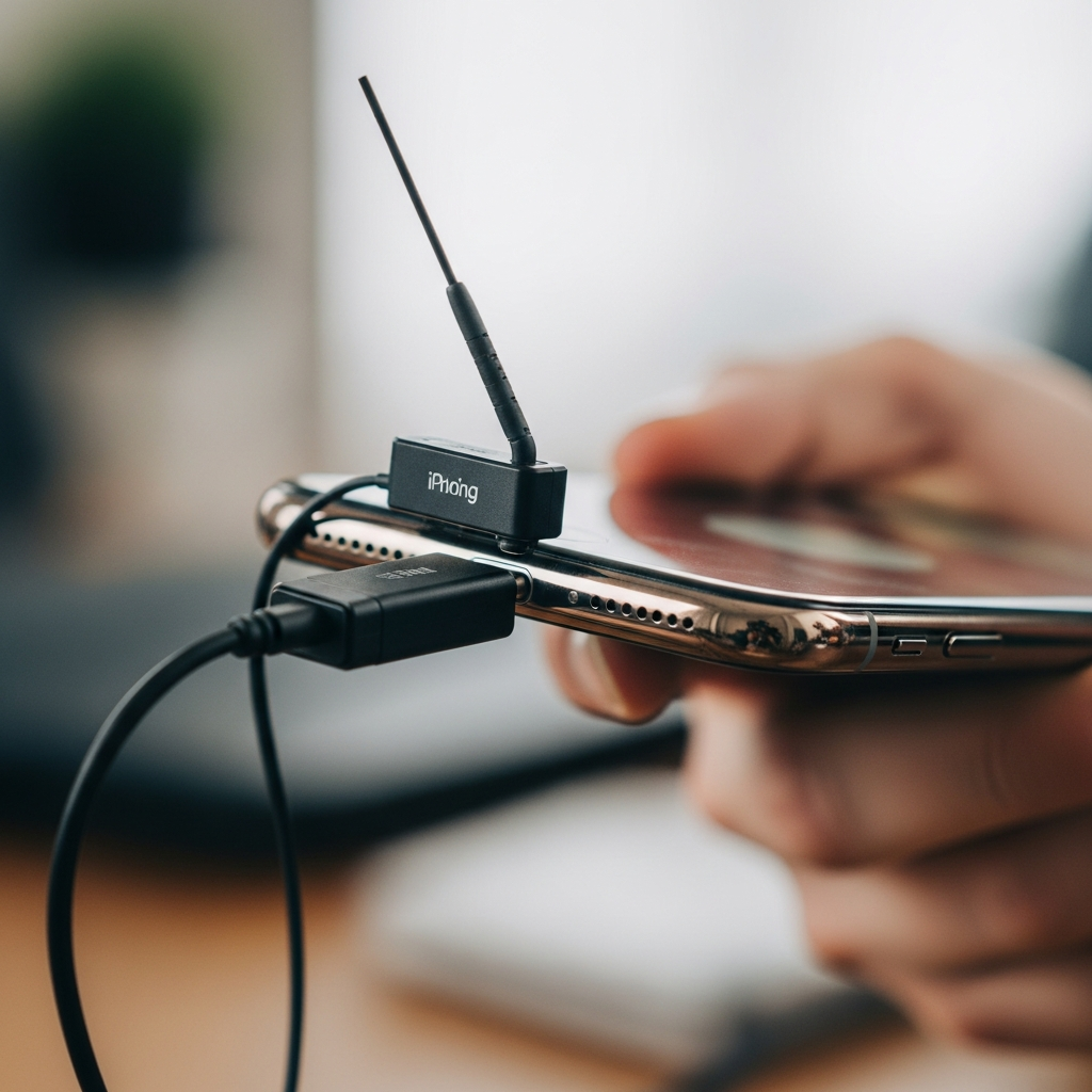 A close-up lifestyle photograph showing an iPhone connected to a professional wireless microphone receiver via its USB-C port. The microphone is small and discreet, and the iPhone is held as if recording. The background is softly blurred, indicating a creative or content creation environment. No text in image.