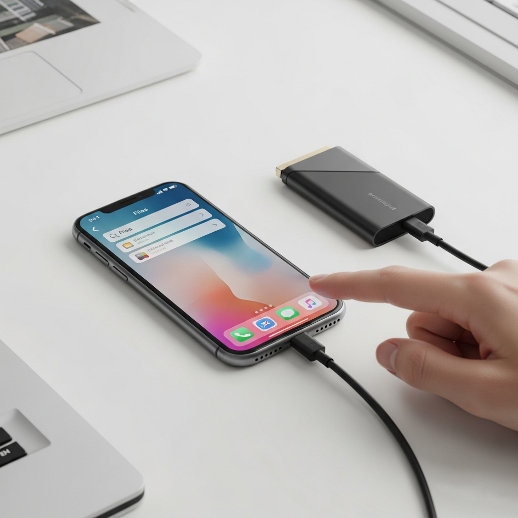 A lifestyle photography shot of an iPhone connected to a compact external SSD via a USB-C cable. The user's hand is visible, interacting with the iPhone screen, which shows the 'Files' app interface. The background is a clean desk with subtle office elements. Natural light, clear focus on the devices. No text in image.