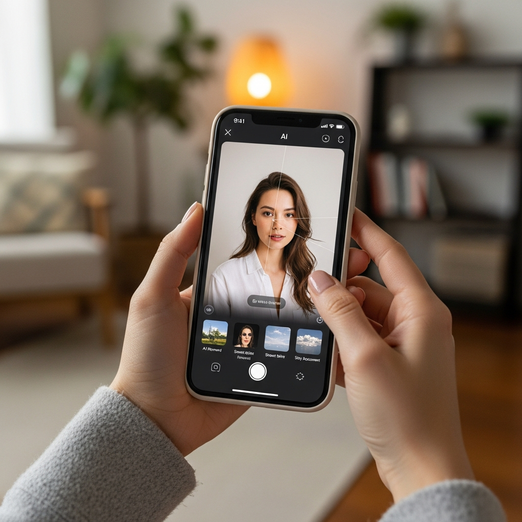 A Korean woman's hands are holding an iPhone, showing a photo being edited with a modern AI photo editing app. The screen displays various intuitive AI tools and subtle enhancements on a portrait photo. The background is a soft-focus, aesthetically pleasing indoor setting with warm lighting. Style: lifestyle photography, natural setting, textured background. No visible text on the app UI, minimal English text if any. Centered focus, visually rich.