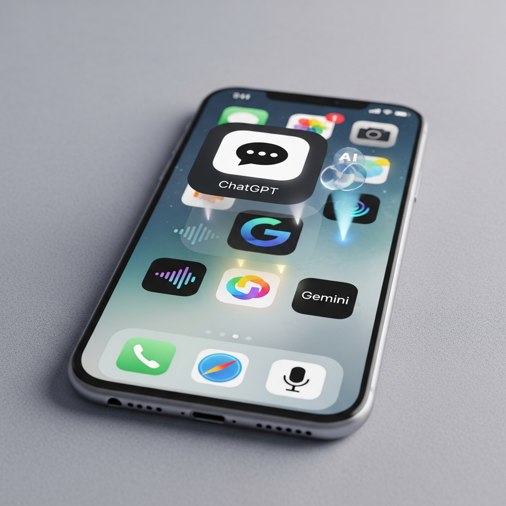A conceptual image of an iPhone screen with icons of various AI voice assistants (ChatGPT, Gemini) seamlessly integrated into the operating system. Dynamic, clean infographic style with bright, balanced lighting and a textured background. No visible text on the image.